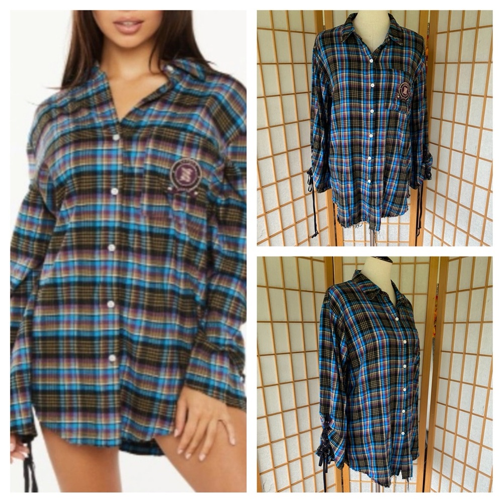 Savage X Fenty Tartan Plaid Laced Up Sleeve Raw Hem Frayed Sleep Shirt SZ M